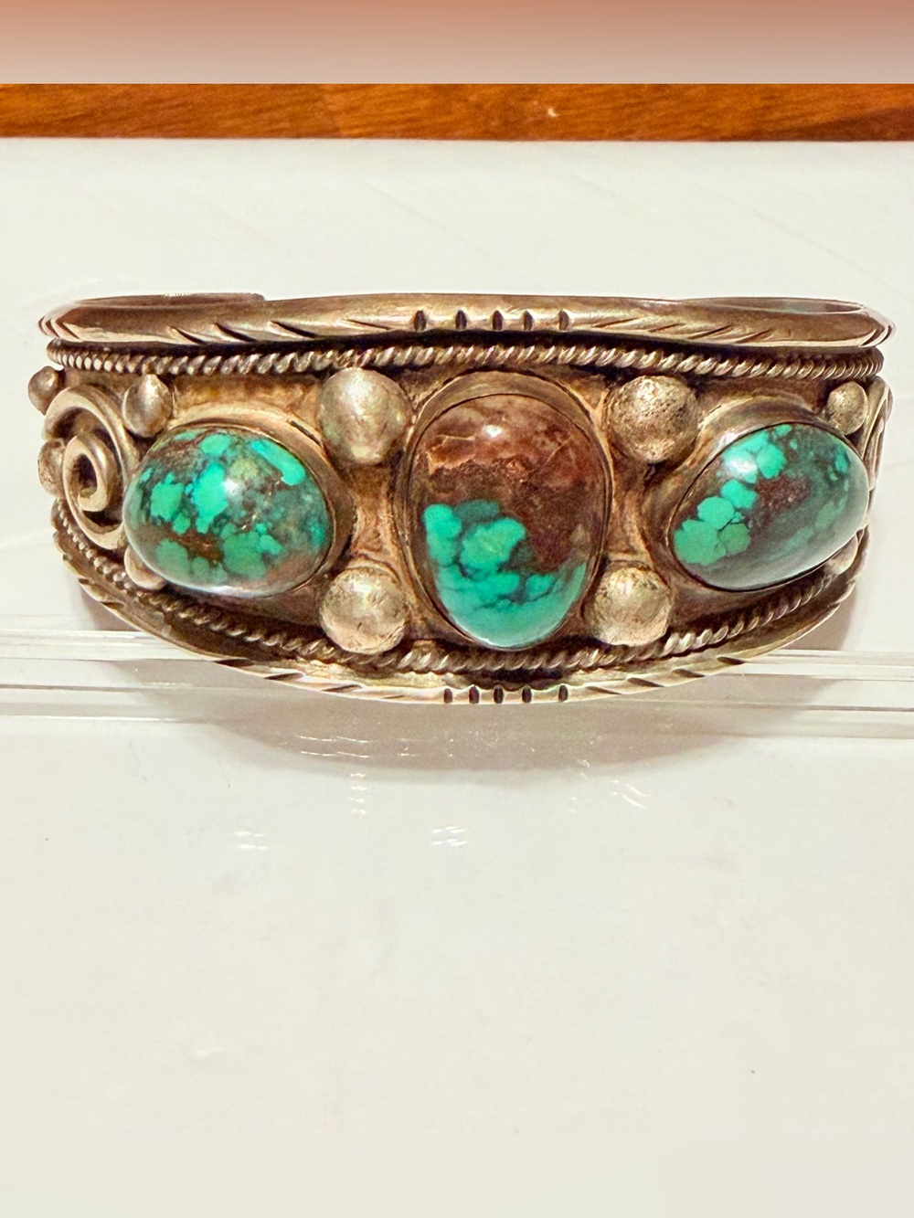 Vintage Ed Kee Navajo Turquoise 3 Stone Cuff Bracelet Signed Native AmericanJ017